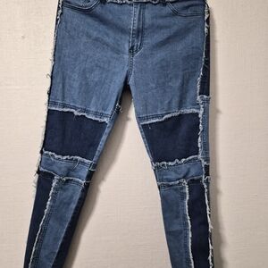 SHEIN Two-Tone Patchwork Skinny Jeans in Blue